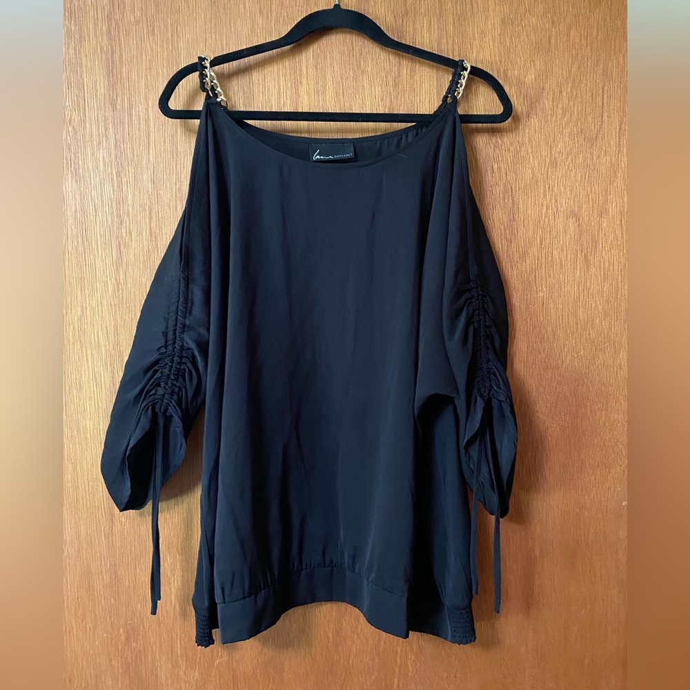 Black Cold Shoulder Blouse with Gold Chain Straps & cinched Tied Sleeves